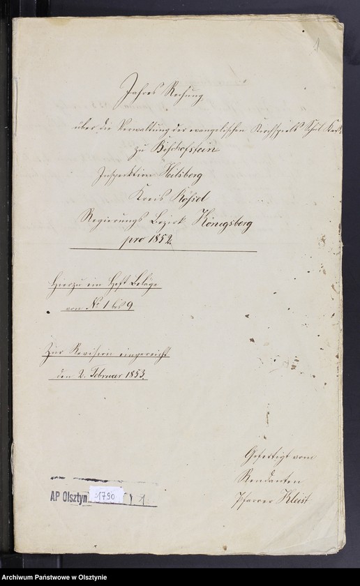 image.from.unit.number "Jahres Rechnung über die Verwaltung der evangelischen Kirchspiels Schul Kasse zu Bischofstein"