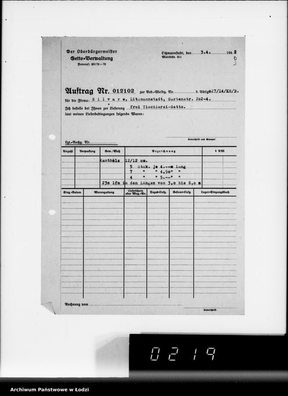 Obraz 12 z jednostki "Aufträge 7611-12089 und Rechnungen Firma Silvars G.m.b.H.Litzmannstadt auf Holzmaterial"