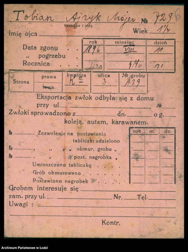 Obraz 7 z jednostki "Kartoteka osób pochowanych na cmentarzu żydowskim przy ulicy Brackiej w latach 1892-1957. Nazwiska na litery: To-Ty"