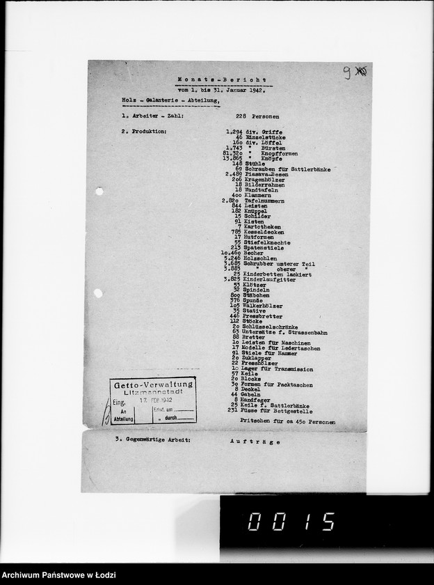 Obraz 13 z jednostki "Organisations im Getto. [Sprawozdania z działalności resortów i wydziałów administracji gettowej; produkcja, ruch ludności, sprawy policyjne]"