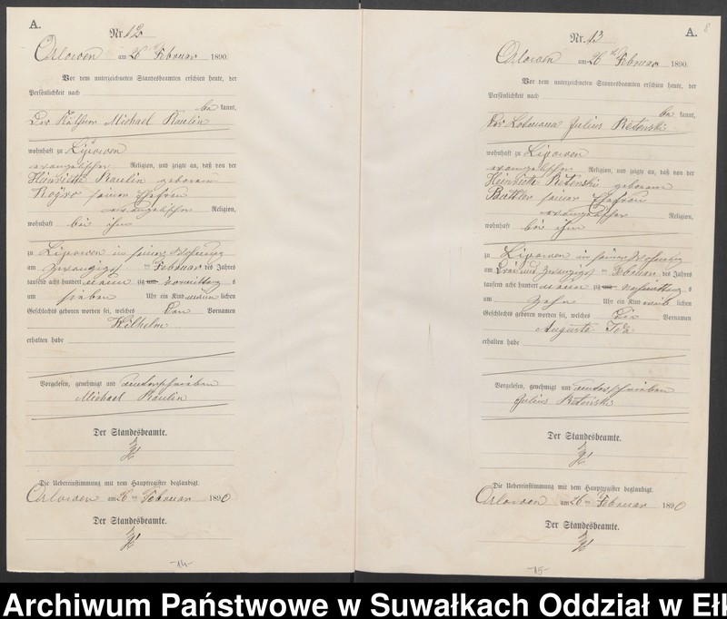 image.from.unit.number "Geburts-Neben-Register des Preussischen Standes-Amtes Orlowen Kreis Loetzen für das Jahr 1890"