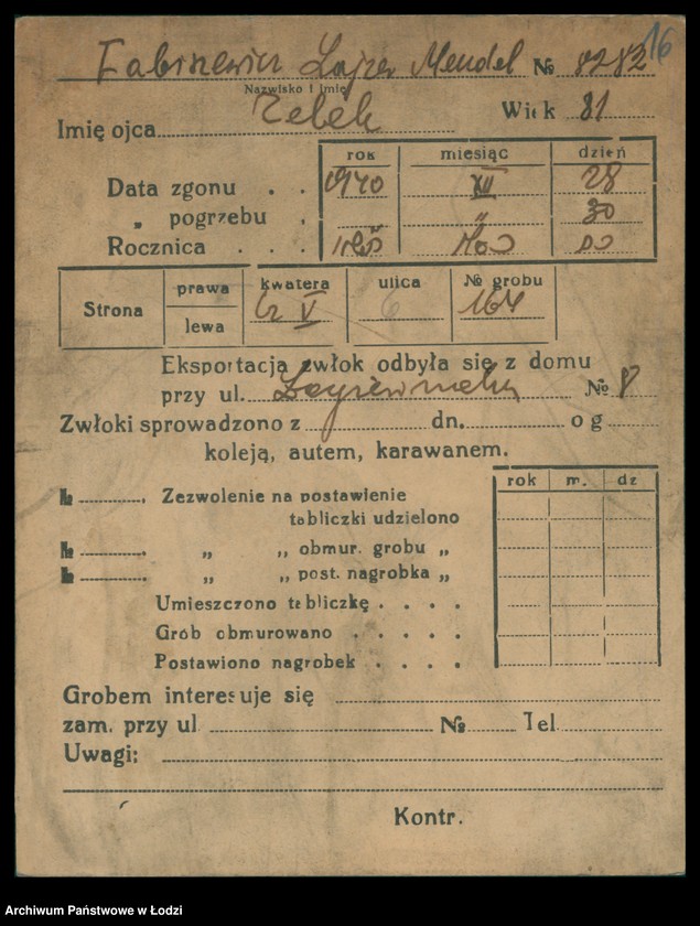 Obraz 17 z jednostki "Kartoteka osób pochowanych na cmentarzu żydowskim przy ulicy Brackiej w latach 1892-1958. Nazwiska na litery: Fa-Fä"