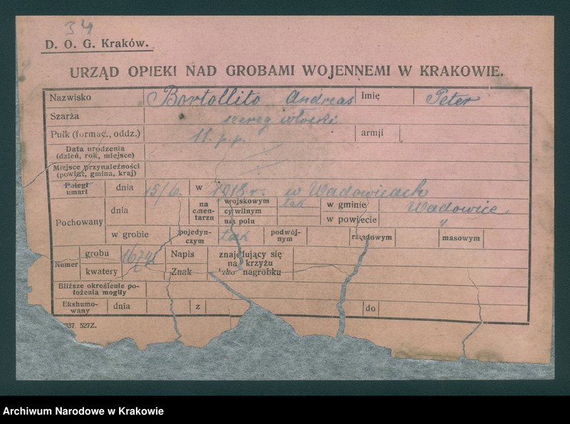 image.from.unit.number "Karty ewidencyjne zmarłych Włochów na terenie miejscowości: Kraków, Oświęcim, Zakopane, Bielsko, Aleksandrowice, Wadowice, Tanów."