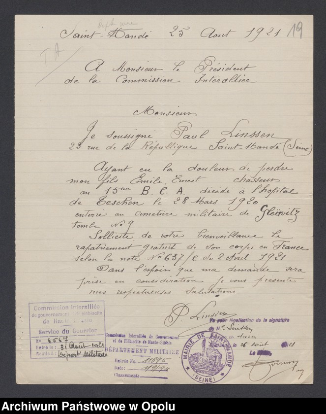 Obraz 20 z jednostki "Service de Sante-Evacuations Hopitaux-Hygiene des Troupes-Prostitution /Korsepondencja z zakresu służby zdrowia, ewakuacja, szpitale, higiena, prostytucja/ 14.06.1921 - 5.07.1922"