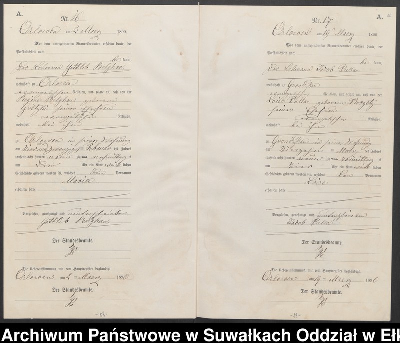 image.from.unit.number "Geburts-Neben-Register des Preussischen Standes-Amtes Orlowen Kreis Loetzen für das Jahr 1890"
