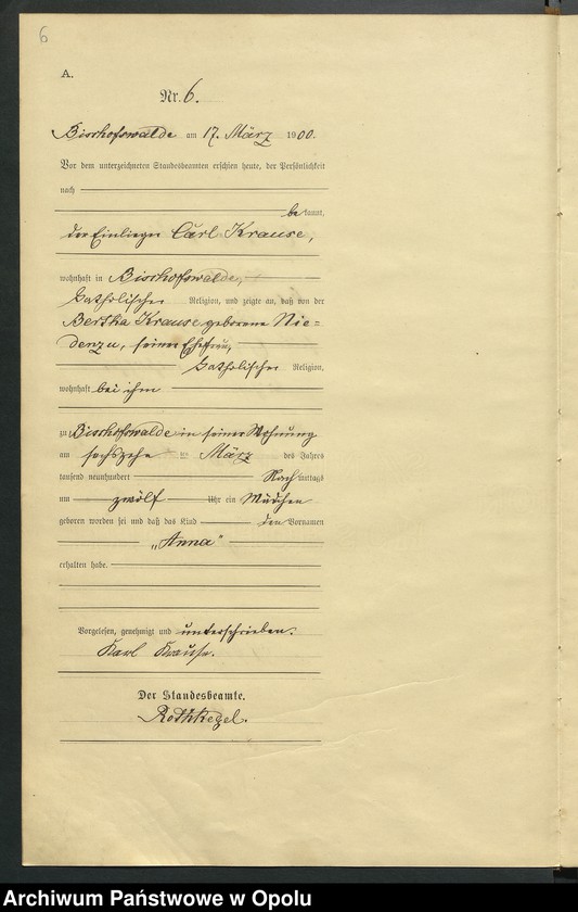 Obraz 10 z jednostki "Geburts-Haupt-Register des Standsamts Bischofswalde pro 1900"