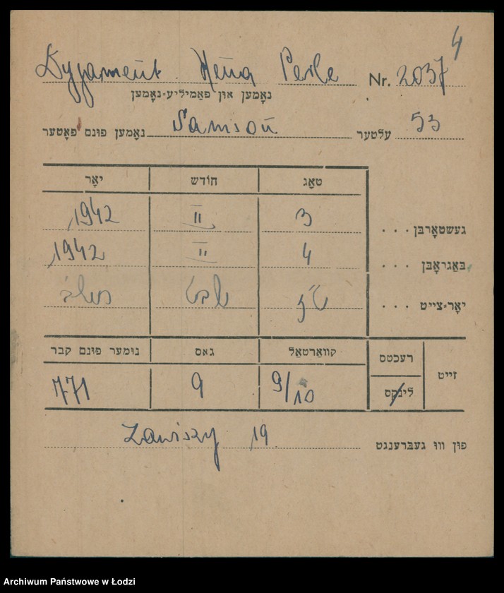 Obraz 5 z jednostki "Kartoteka osób pochowanych na cmentarzu żydowskim przy ulicy Brackiej w latach 1892-1953. Nazwiska na litery: Dy-Dz"