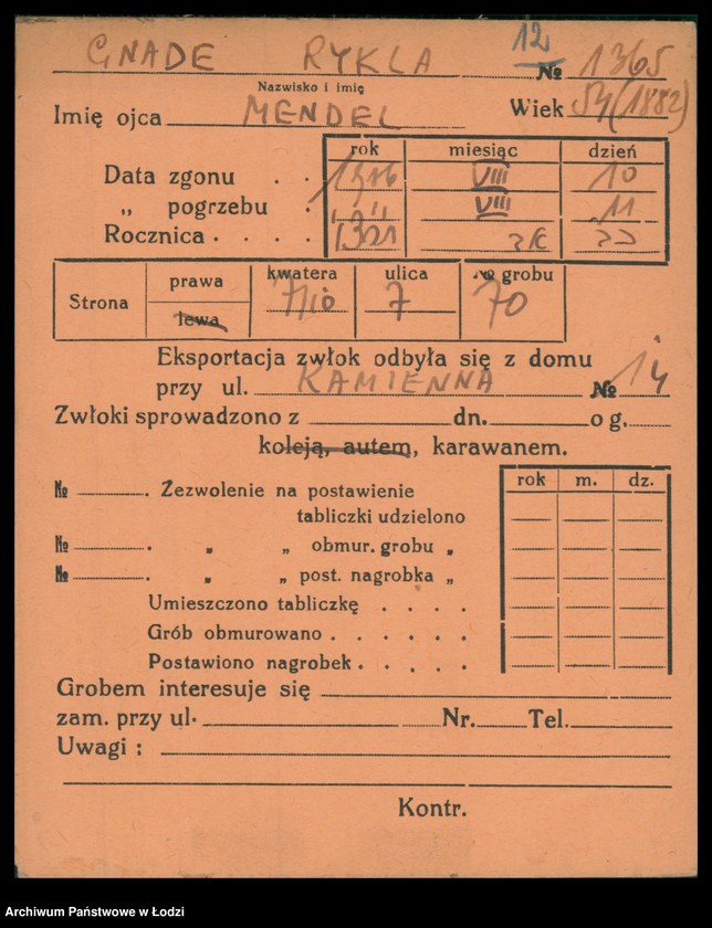 Obraz 13 z jednostki "Kartoteka osób pochowanych na cmentarzu żydowskim przy ulicy Brackiej w latach 1892-1955. Nazwiska na litery: Gl-Goldbe"
