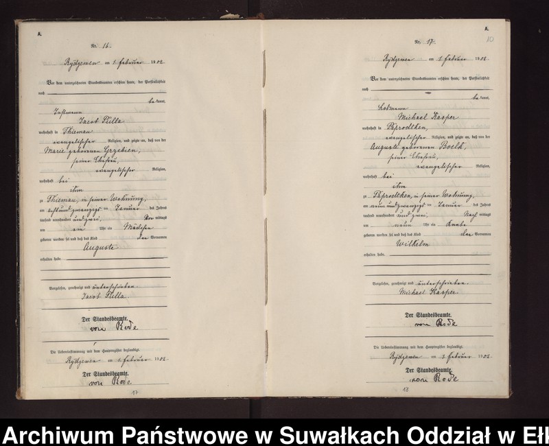 image.from.unit.number "Geburts-Neben-Register des Preussischen Standes-Amtes Rydzewen Kreis Lötzen"