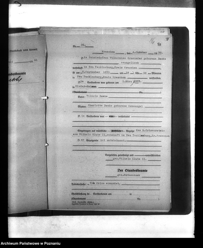 Obraz 20 z jednostki "Wykazy miejscowych Niemców, którzy zginęli w 1939 roku. Kreis Wreschen (Wrzesień)"