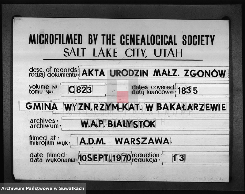 Obraz 1 z jednostki "Księga Duplikat Urodzonych Zaślubionych Zmarłych z Roku 1835 Parafij Bakałarzewskiey Przeznaczona do Archiwum Hipotecznego Powiatu Dąbrowskiego"