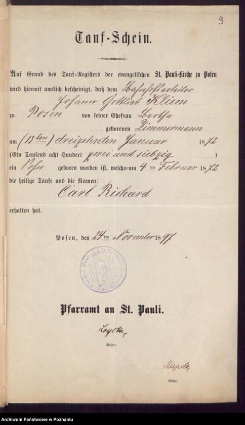 Obraz 11 z jednostki "Die von den Verlobten beigebrachten Urkunden zur Eheschliessung pro 1897"