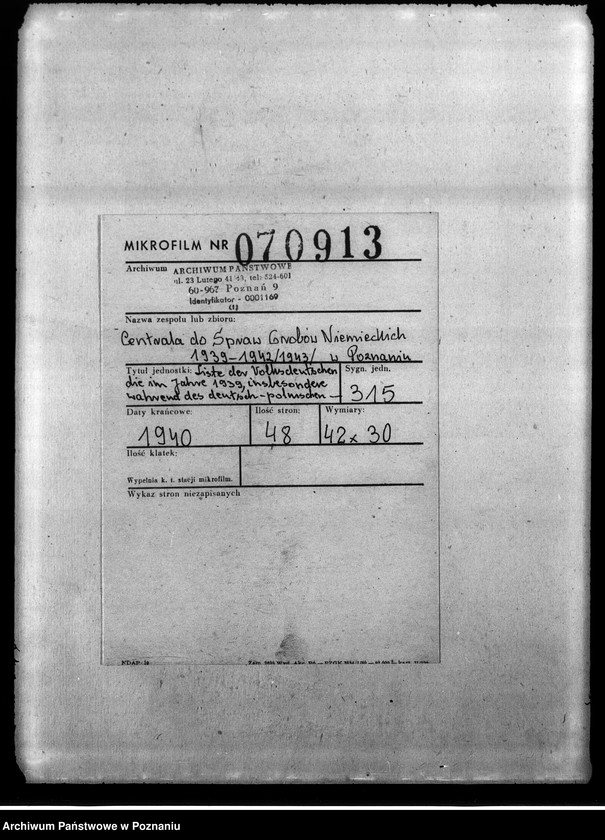 Obraz 2 z jednostki "Liste der Volksdeutschen, die im Jahre 1939, insbesondere während der deutsch - polnischen Feldzuges akls Ziwilpersonen verhaftel, interniert oderverschleppt worden sind (Łódź)"