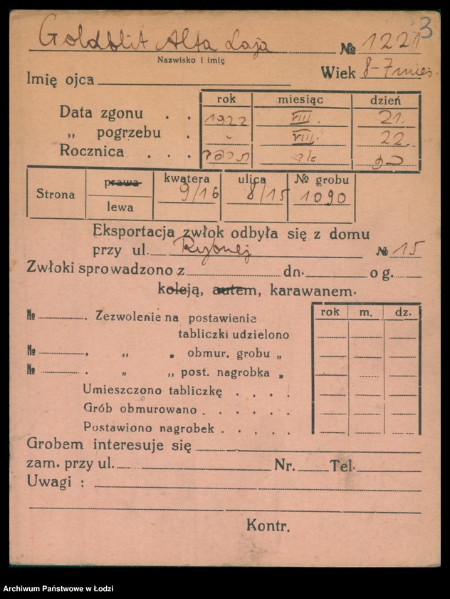 Obraz 4 z jednostki "Kartoteka osób pochowanych na cmentarzu żydowskim przy ulicy Brackiej w latach 1892-1954. Nazwiska na litery: Goldbl-Goldsz"
