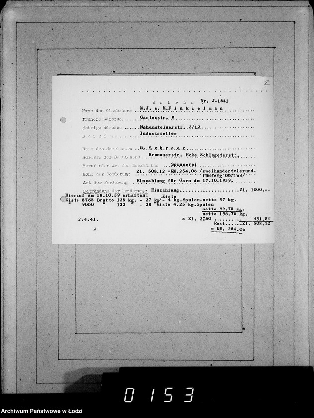Obraz 6 z jednostki "J 1541-1560 [Wnioski Żydów z Getta o zwrot należności za towar wzięty na kredyt]"