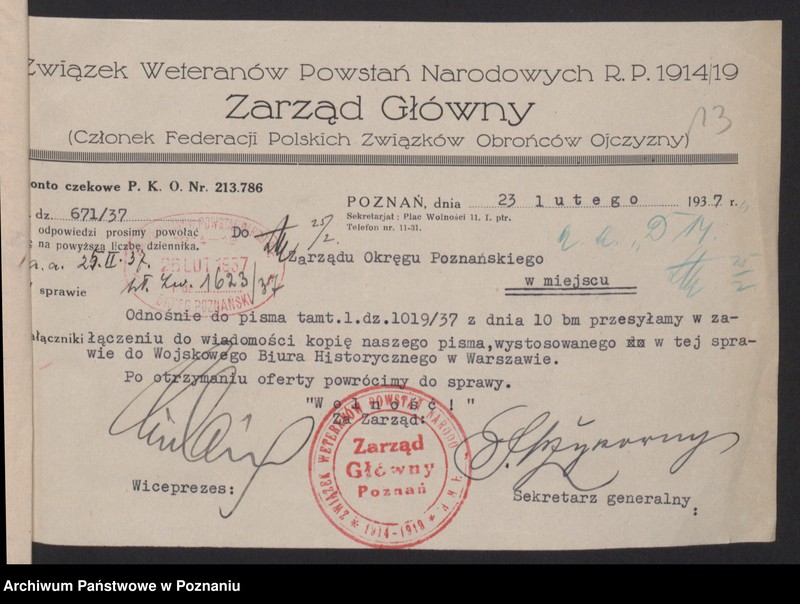 image.from.unit.number "Zarząd Okręgu Związku Weteranów Powstań Narodowych Rzeczypospolitej Polski i Związku Powstańców Wielkopolskich - korespondencja."