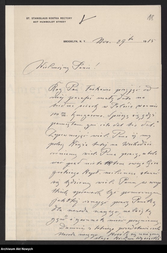 image.from.unit.number "Korespondencja organizacji polonijnych i osób prywatnych ze Stanów Zjednoczonych do I. J. Paderewskiego w sprawie pomocy dla ofiar wojny w Polsce"