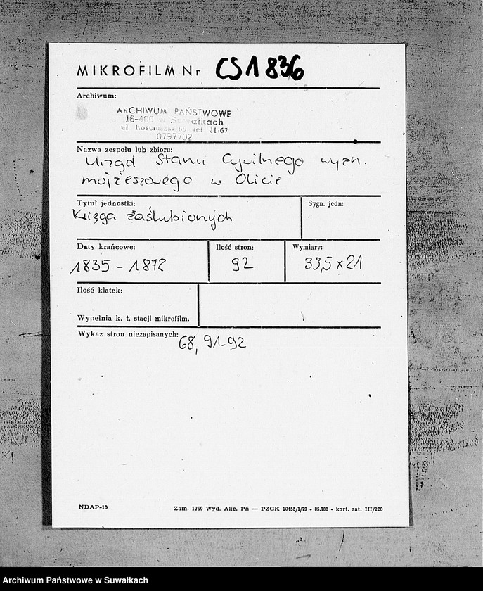 image.from.unit.number "Księga dla zapisywania aktów zaślubionych Urzędnika Stanu Cywilnego wyznania mojżeszowego miasta Olity pow. Kalwaryjskiego"