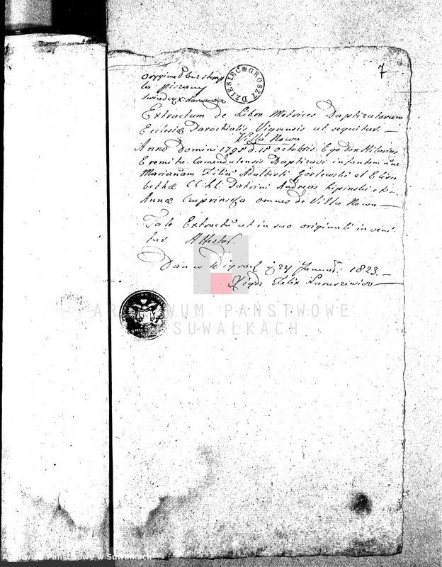 image.from.unit.number "Dowody służące do Aktów Małżeństwa Urzędnika Stanu Cywilnego Gminy Wigierskiey w Obwodzie i Woiewództwie Augustowskim na rok od 1-go Stycznia 1823 do ostatniego Grudnia tegoż roku."