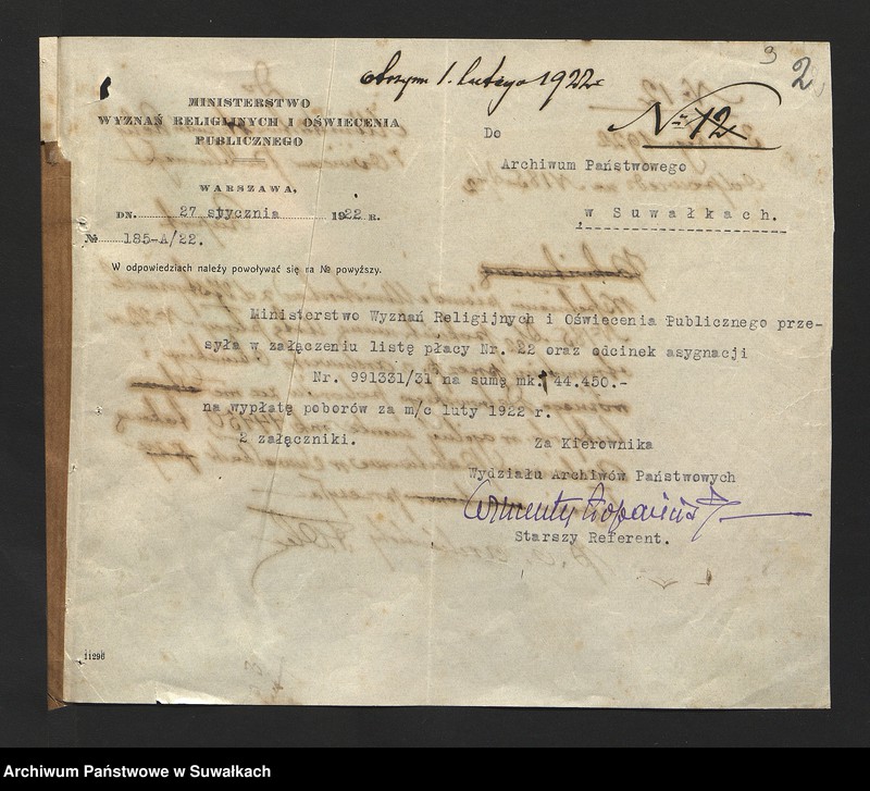 image.from.unit.number "[Korespondencja z Wydziałem Archiwów w Warszawie w sprawie list płac dla archiwisty i woźnego Archiwum Państwowego w Suwałkach]"