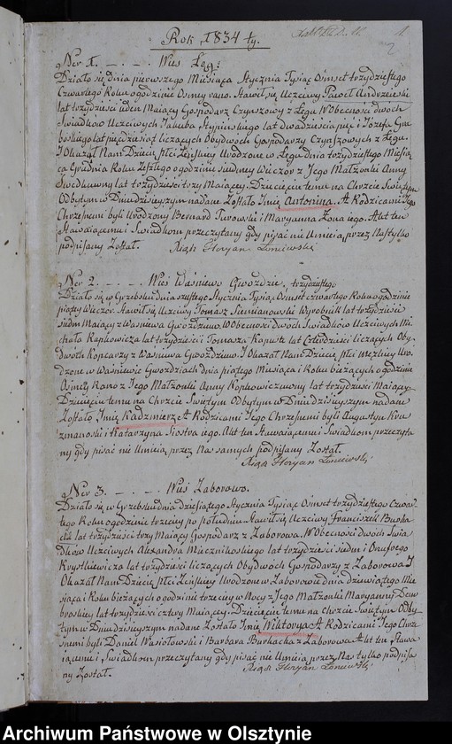 Obraz z jednostki "Akta Stanu Cywilnego Gminy Grzebskiey Urodzenia, Zawartych Małżeństw, Zeyścia z Roku 1834"