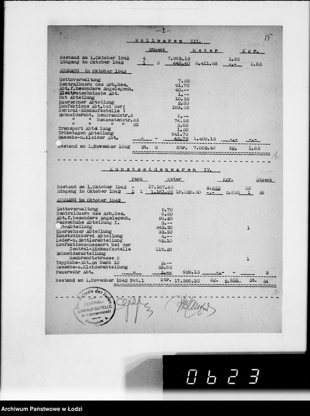 Obraz 20 z jednostki "Monatliche Warenbestandsmeldungen der Bankabteilung des Judenältesten"