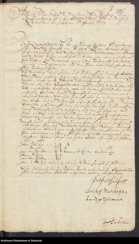 image.from.unit.number "In S. [Sachen] des Erbpächters der Rastenburgischen Hospital Huben zu Mulack [Muławki] Michael Lemcke wegen erlittenen Mißwachses und gebethener Zins=Erlaßung"