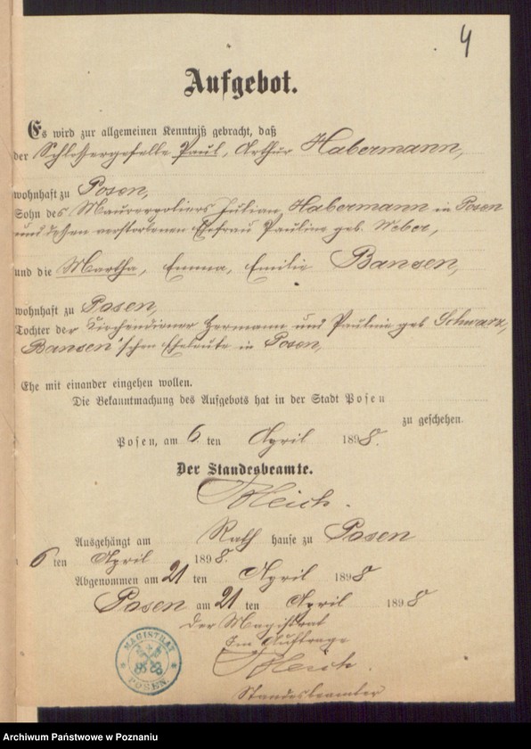 Obraz 6 z jednostki "Die von den Verlobten beigebrachten Urkunden zur Eheschliessung pro 1898"