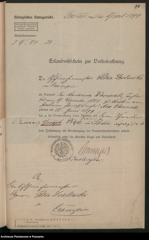 Obraz 12 z jednostki "Die von den Verlobten beigebrachten Urkunden zur Eheschliessung pro 1899"