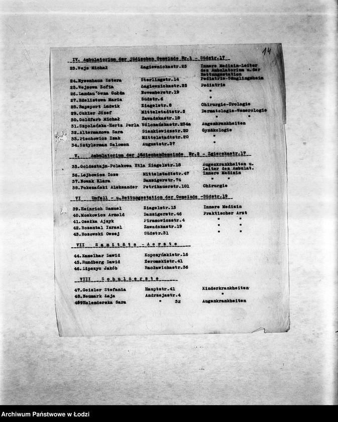 Obraz 17 z jednostki "Zdrowotność [M.in. zarządzenia dotyczące zdrowia ludności, zakładanie szpitali i ambulatoriów, walka z chorobami zakaźnymi, higiena getta, lekarze, inspektorzy sanitarni]"