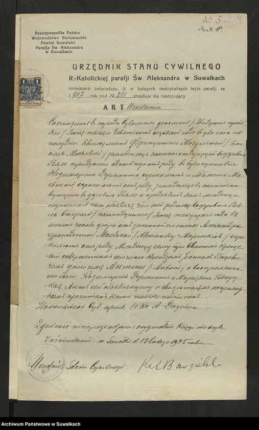 image.from.unit.number "Aneksa [do akt małżeństw] parafji Podżylińskiej za rok 1935"