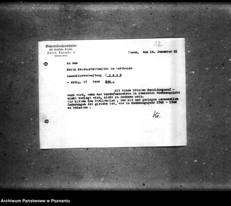 Obraz 16 z jednostki "Schriftwechsel mit der Gauselbsverwaltung [Korespondencja dotycząca spraw gospodarczych, dane o dzieciach, listy personelu niemieckiego]."