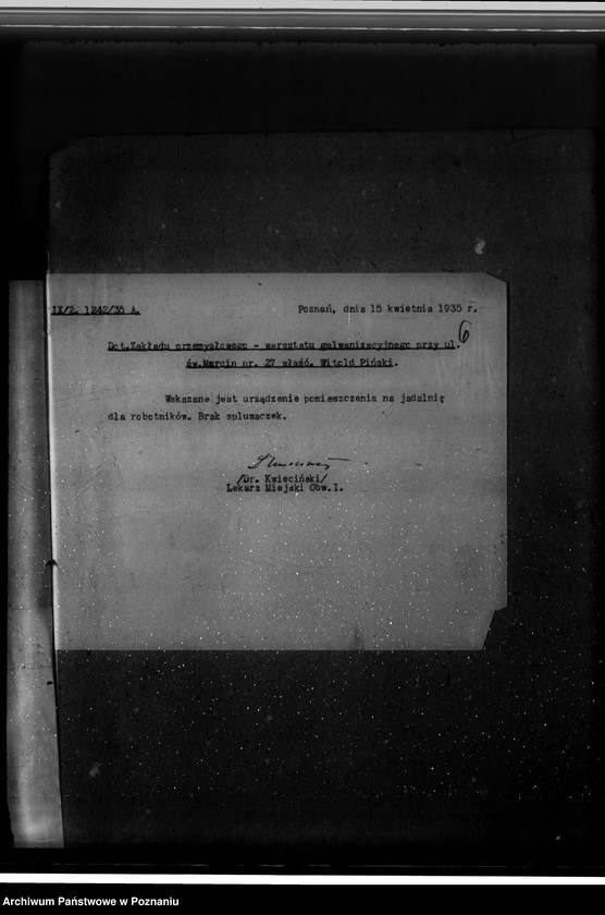 Obraz 9 z jednostki "Zatwierdzenie zakładu przemysłowego /warsztatu galwanizacyjnego/ W. Pińskiego w Poznaniu"