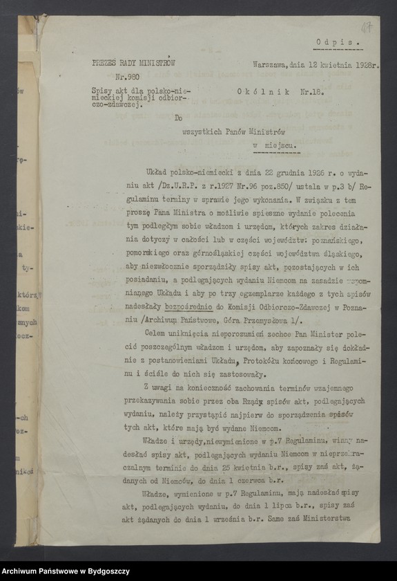 image.from.unit.number "Akta dotyczące układu z Niemcami w sprawie przekazywania akt [Układ polsko - niemiecki z dnia 22.12. 1926 r. o wydaniu akt]"