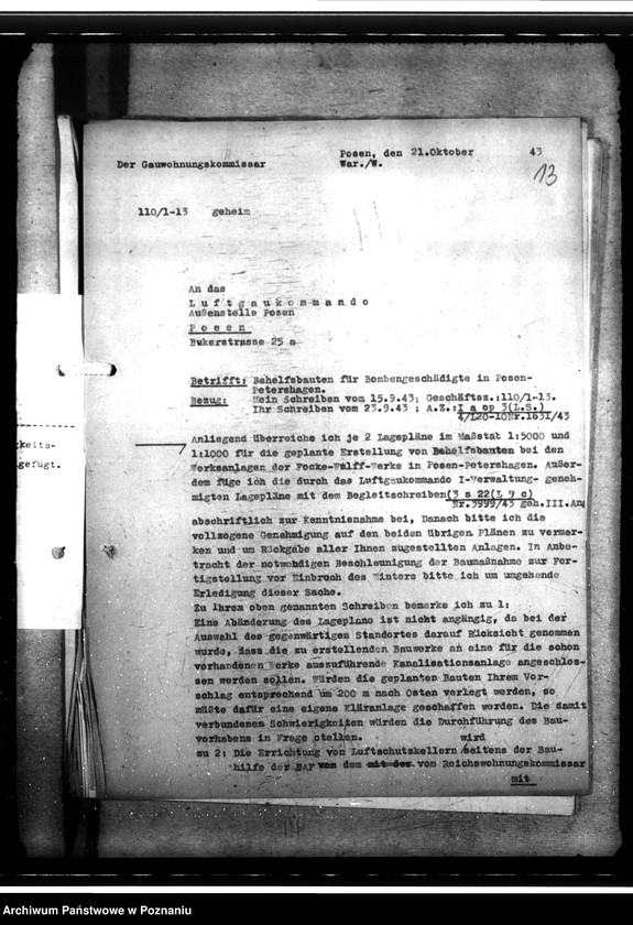 Obraz 20 z jednostki "Bau von Behelfsheimen bei den Focke - Wulfwerken - Kreising. Lagepläne (Krzesiny powiat Poznań)"