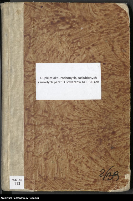 image.from.unit.number "Duplikat akt urodzonych, zaślubionych i zmarłych parafii Głowaczów za 1920 rok"