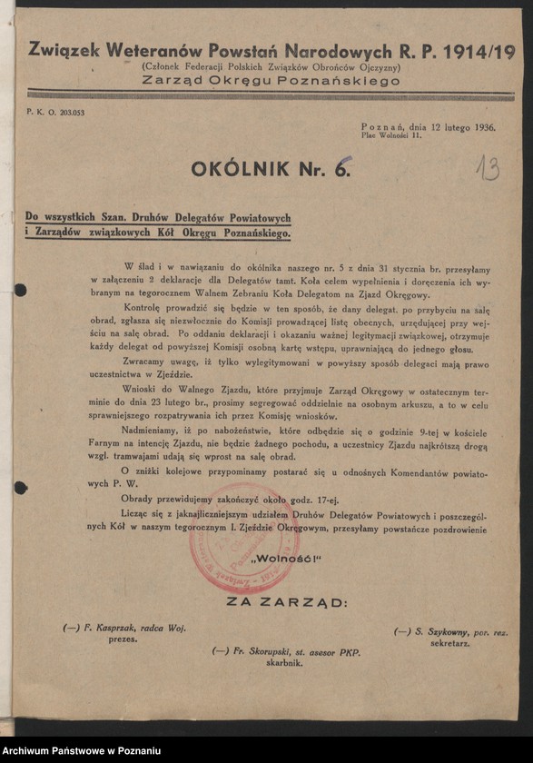 Obraz 17 z jednostki "I. Walny Zjazd Delegatów Okręgu Poznańskiego Związku Weteranów Powstań Narodowych 1.III.1936 r."