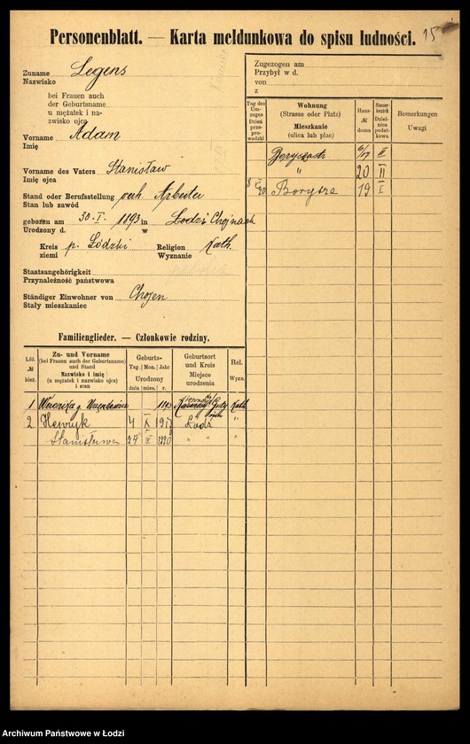 Obraz 17 z jednostki "[Spis ludności Łodzi] Legart - Lemke"