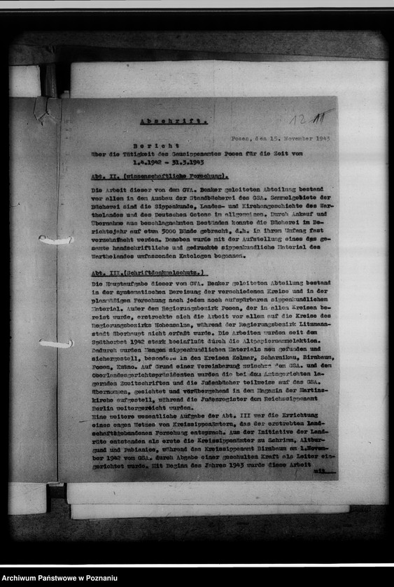 Obraz 16 z jednostki "[Sprawozdanie z podróży służbowej pracowników Gausippenamt w Poznaniu dotyczące zajętych ksiąg kościelnych, archiwów kościelnych oraz działalności powiatowych urzędów do spraw genealogicznych i Urzędu do Spraw Genealogicznych w Poznaniu]"