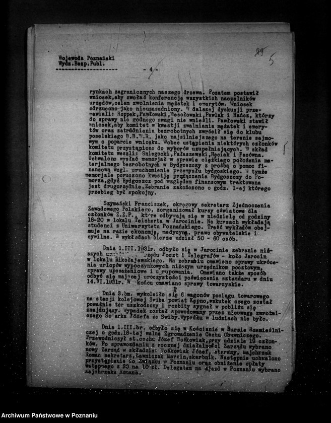 Obraz 9 z jednostki "Sprawozdania sytuacyjne tygodniowe ze stanu bezpieczeństwa za czas od 27 lutego do 7 maja 1931 r. /nr 9-17/"