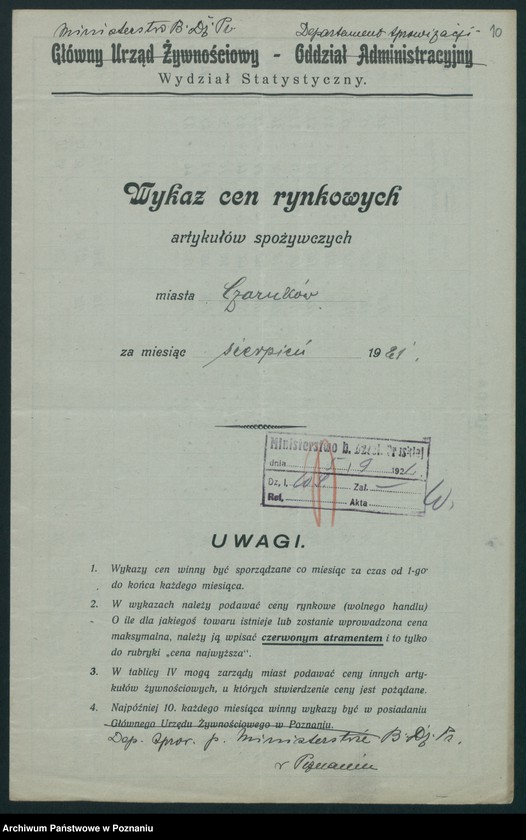 Obraz 11 z jednostki "[Wykazy cen rynkowych artykułów spożywczych w poszczególnych miastach Województwa Poznańskiego za miesiąc sierpień 1921 roku]"