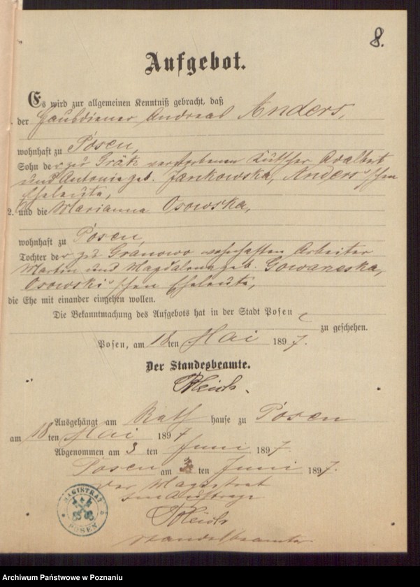 Obraz 10 z jednostki "Die von den Verlobten beigebrachten Urkunden zur Eheschliessung pro 1897"