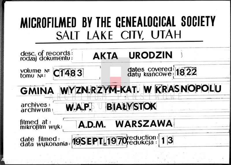 image.from.unit.number "Akta Urodzonych Gminy Krasnopolskiey R-ku 1822. Powiat Seyneński Województwa Augstowskiego."