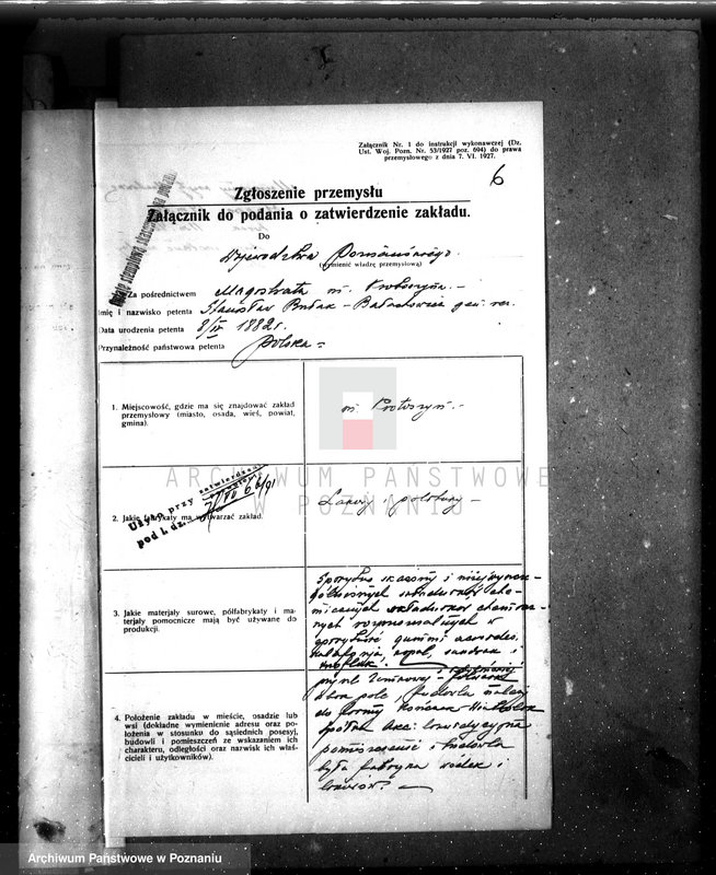 image.from.unit.number "Zatwierdzenie zakładu przemysłowego fabryki lakierów i politury własność Bułak-Bałachowicz w Krotoszynie nr rej. 573"