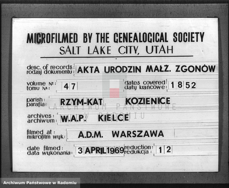 Obraz 1 z jednostki "Duplikat Aktów Cywilno - Religijnych Urodzenia, Zaślubienia, Zejścia Parafii Kozienice na Rok 1852"