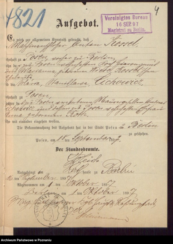 Obraz 6 z jednostki "Die von den Verlobten beigebrachten Urkunden zur Eheschliessung pro 1897"