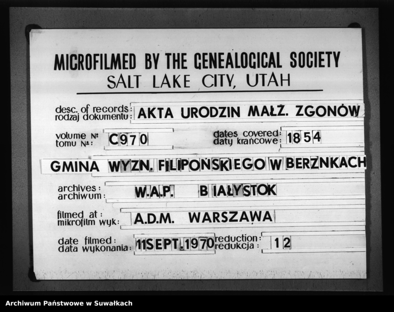 Obraz 1 z jednostki "Duplikat Akt Stanu Cywilnego Urodzonych, Zaślubionych i Zmarłych Sekty Filiponów z Gminy Berznickiej na 1854 rok"