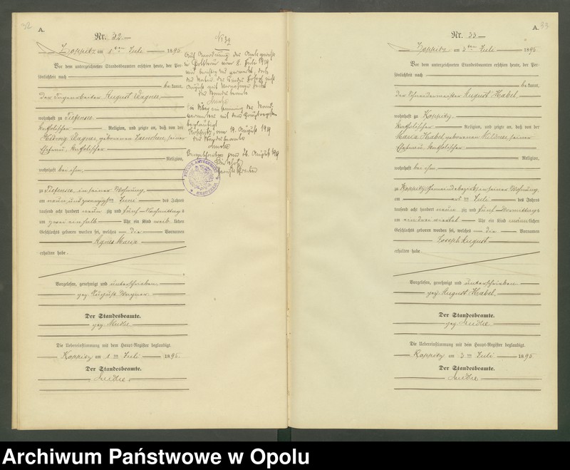 Obraz 19 z jednostki "Geburts-Neben-Register Standesamts Koppitz pro 1895"