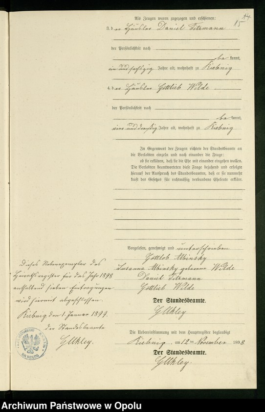 Obraz 18 z jednostki "Heiraths-Neben-Register Standes-Amt Riebnig 1898"