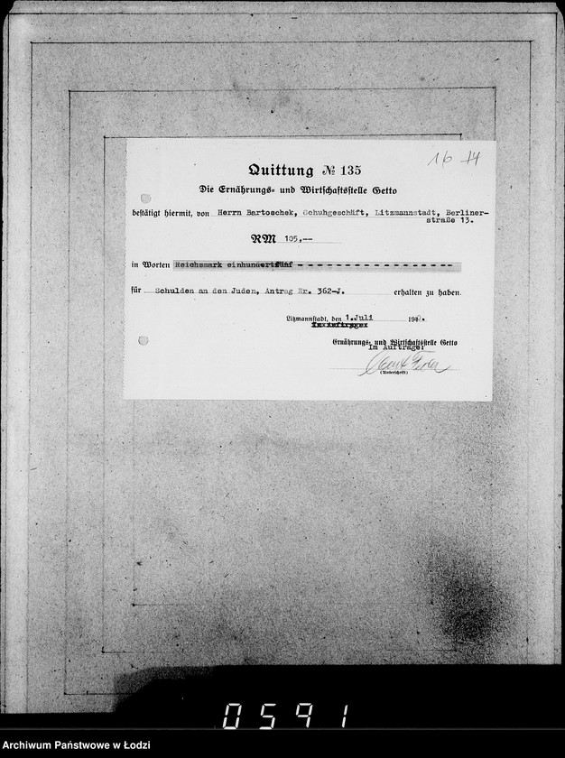 Obraz 20 z jednostki "J.361-375 [Wnioski Żydów z Getta o zwrot należności za pracę lub towar wzięty na kredyt]"